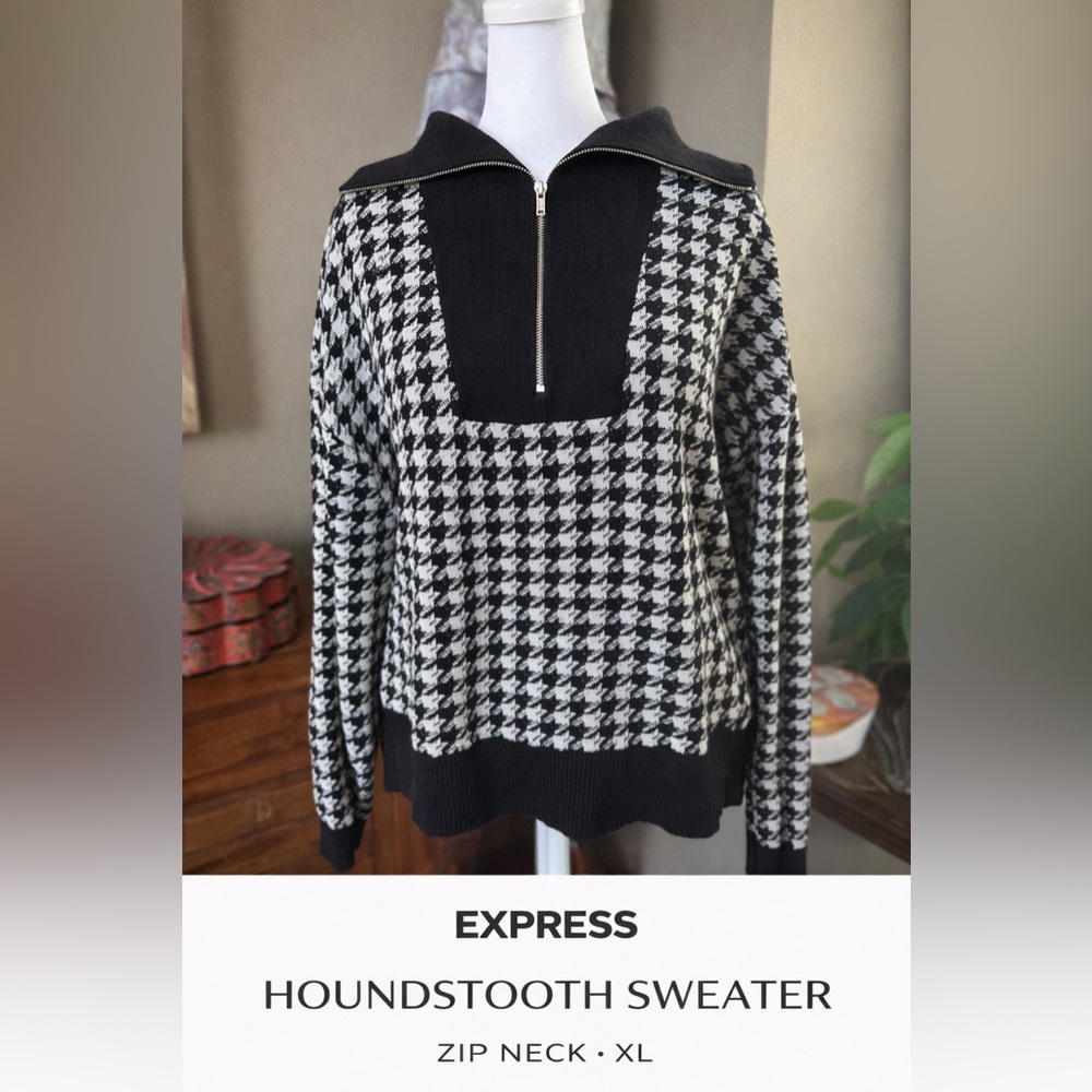 Express Houndstooth Sweater XL Black White Quarter Zip Pullover Knit Top